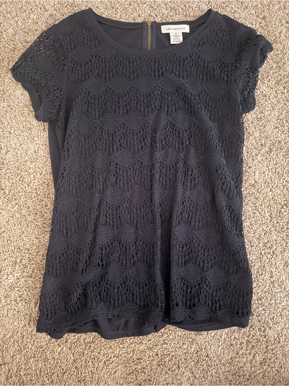 Liz Claiborne Dark Navy Crochet Short Sleeve Top